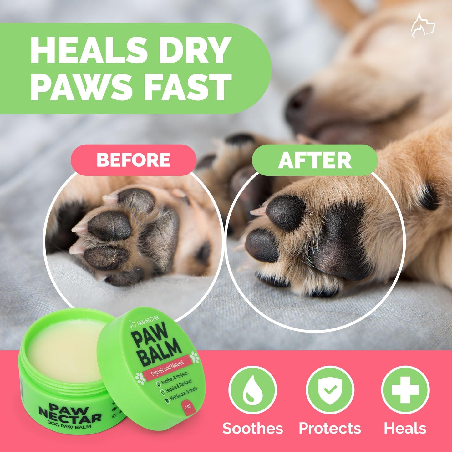 Paw Nectar Dog Paw Balm (2 oz) - Heals, Repairs & Restores Dry, Cracked & Damaged Paws - 100% Organic & Natural Moisturizer & Protection for Dog Feet & Foot Pads - Effective & Safe