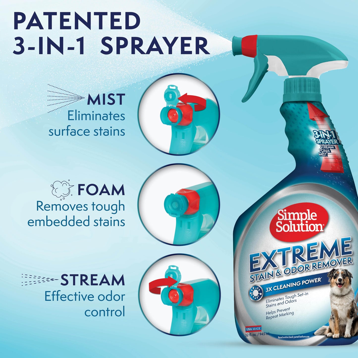 Simple Solution Extreme Pet Stain and Odor Eliminator Spray, Enzymatic Cleaner With 3X Pro-Bacteria Cleaning Power for Dogs & Cats, Strong Urine, Pee and Poop Smell Remover for Carpets & Floors, 32 oz