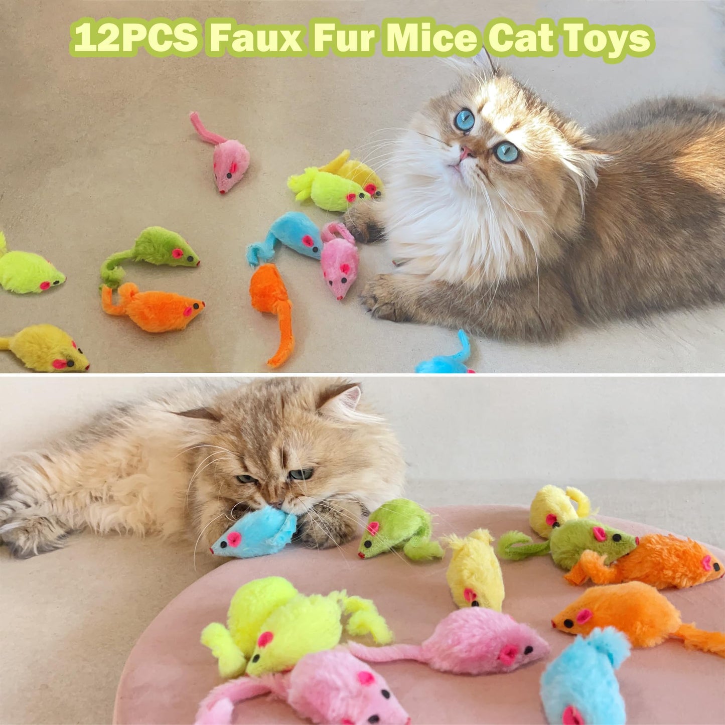 MeoHui 12PCS Cat Mouse Toy, Faux Fur Cat Mice Toys, 5.5” Realistic Size Mouse Toys for Cats, Rattle Cat Toy Mouse, Prefilled Catnip Mouse Cat Toy, Interactive Cat Toy for Bored Indoor Adult Cats