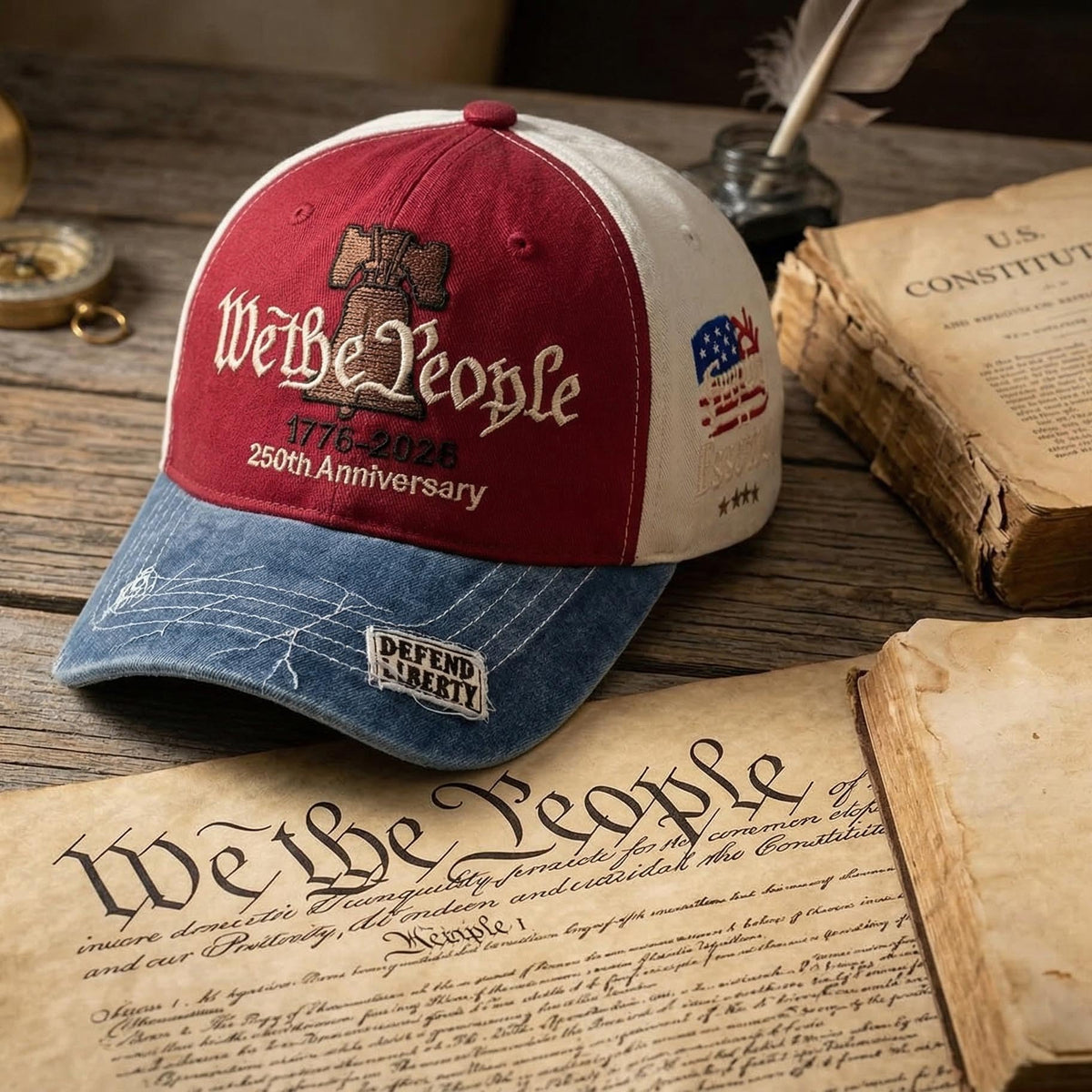 We the People 1776 Vintage Patriotic Baseball Cap – Embroidered Liberty Bell & American Flag Hat – Distressed Cotton “Freedom is Essential” Dad Hat Gift for Men Veterans
