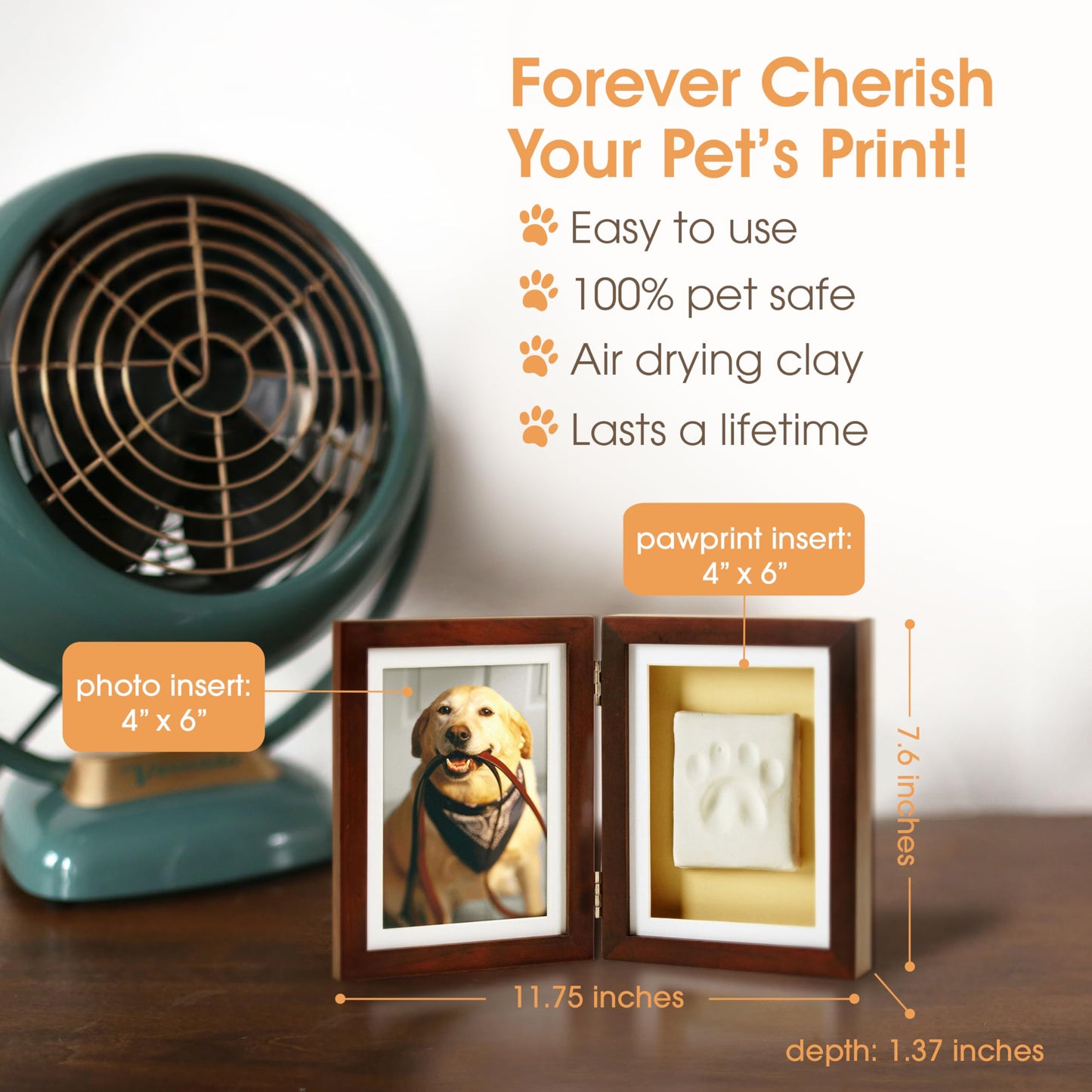 Pearhead Pet Paw Print Memorial Frame with Clay Imprint Kit, Dog & Cat Pawprint Keepsake Wood Photo Frame, DIY No Bake Paw Print Kit, 4x6 Picture Display, Espresso Brown