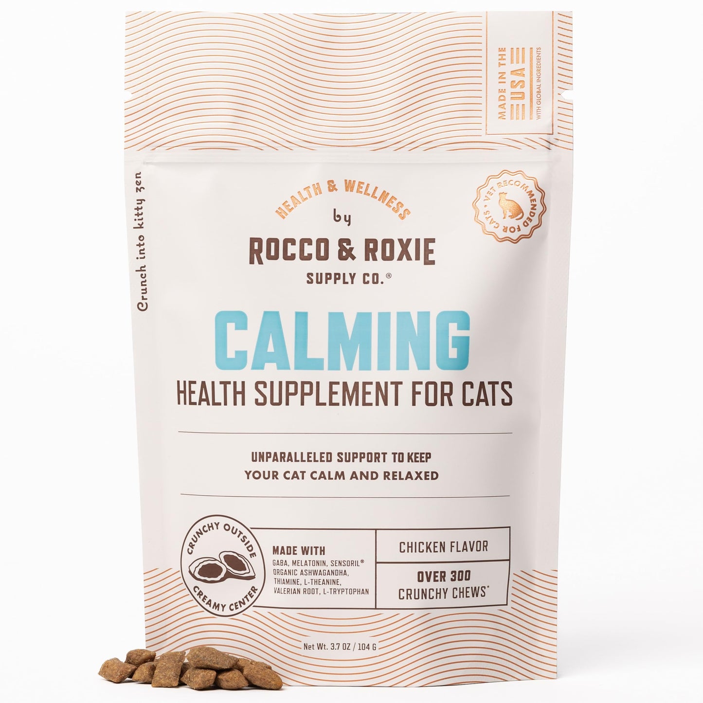 Rocco & Roxie Cat Calming Treats with Melatonin for Cats, Stress and Anxiety Relief, Keep Calm for Grooming, Travel, or Vet Visits, Aid Sleep with Organic Ashwagandha and GABA, Chicken Flavored Chews