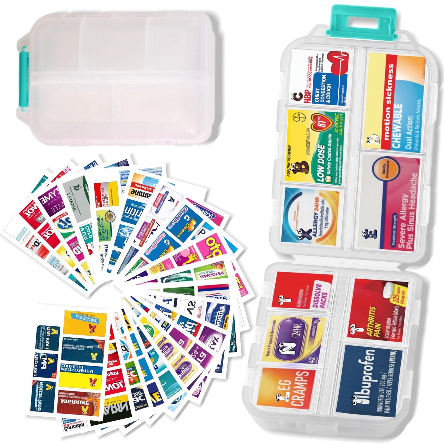 iouwei Pill Organizer With Medicine Labels - 7 Day Travel Daily Container, Mini Medication Storage Case, White With 161 Labels