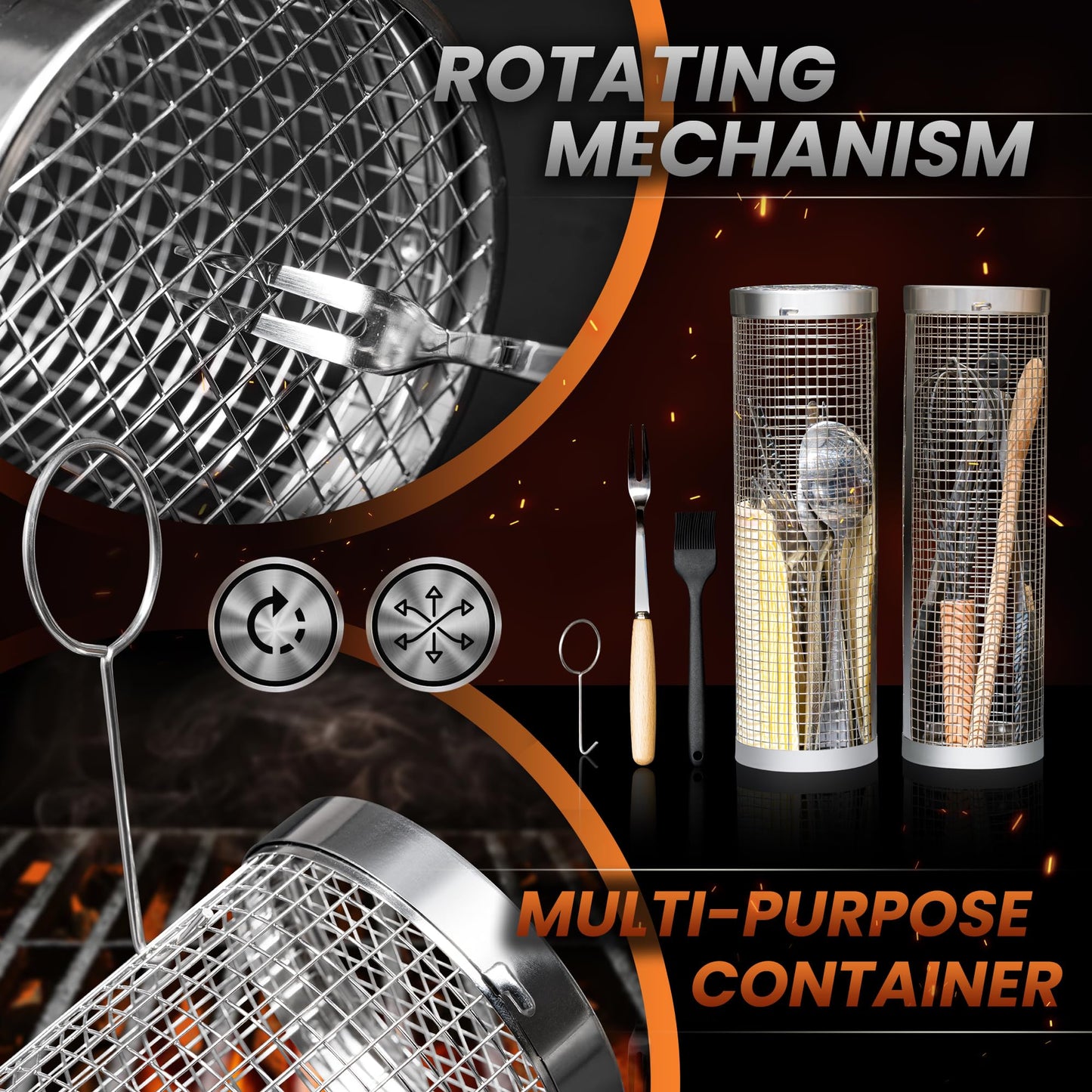 Modaura 2PCS Rolling Grill Baskets for Outdoor Grill, Big Green Egg Accessories-Set Includes Fork, Hook, and Oil Brush-304g Stainless Steel-Perfect Gifts for Dad, Camping Must Haves, Unique Gifts