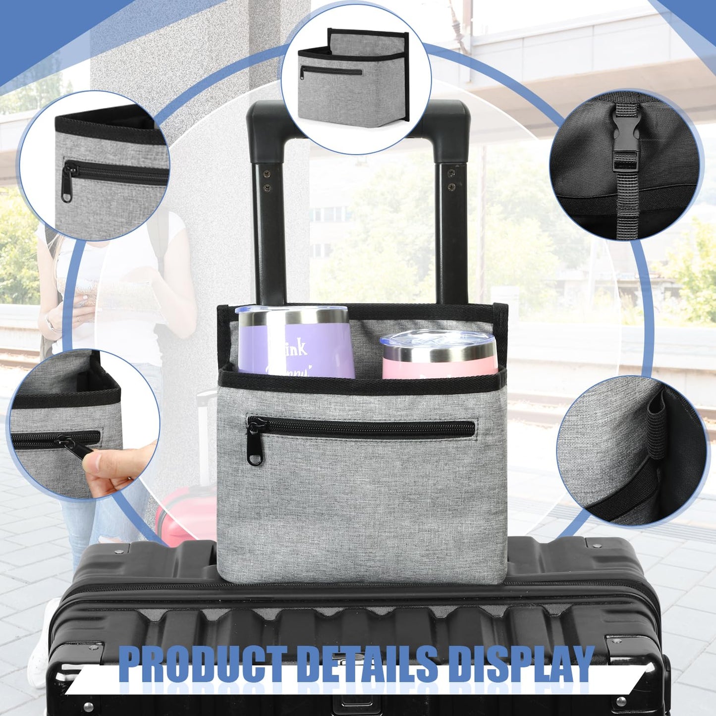 ZHCHG Luggage Travel Cup Holder Attachment for Suitcase Drink Carrier Caddy, Coffee Mug and Tumblers, Traveler Carry on Hands Free Accessory- Gifts for Flight Attendants Travelers Accessories