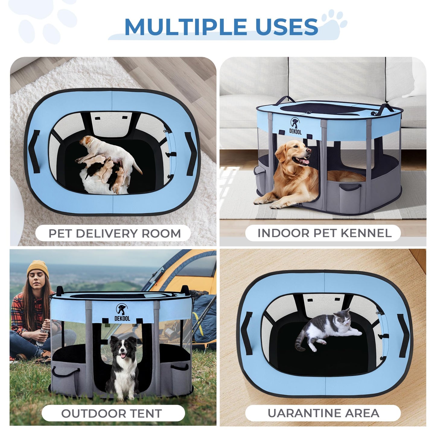 Dekool Foldable Dog Playpen,Pet Playpen,Portable Dog Crate for Small Dogs,Puppy Play Pen for Indoors，Kennel Tent Crate for Indoor Outdoor Travel Camping Use with Carrying Case (Blue, M)