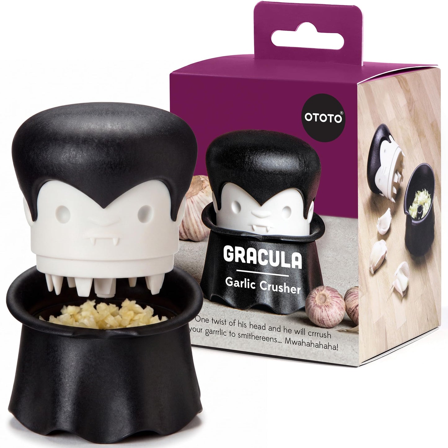OTOTO Gracula Garlic Crusher, Garlic Mincer, Also for Ginger, Nuts, Chili, Herbs - Twist Top Mincer & Easy Squeeze Manual Press Peeler, Goth Gifts