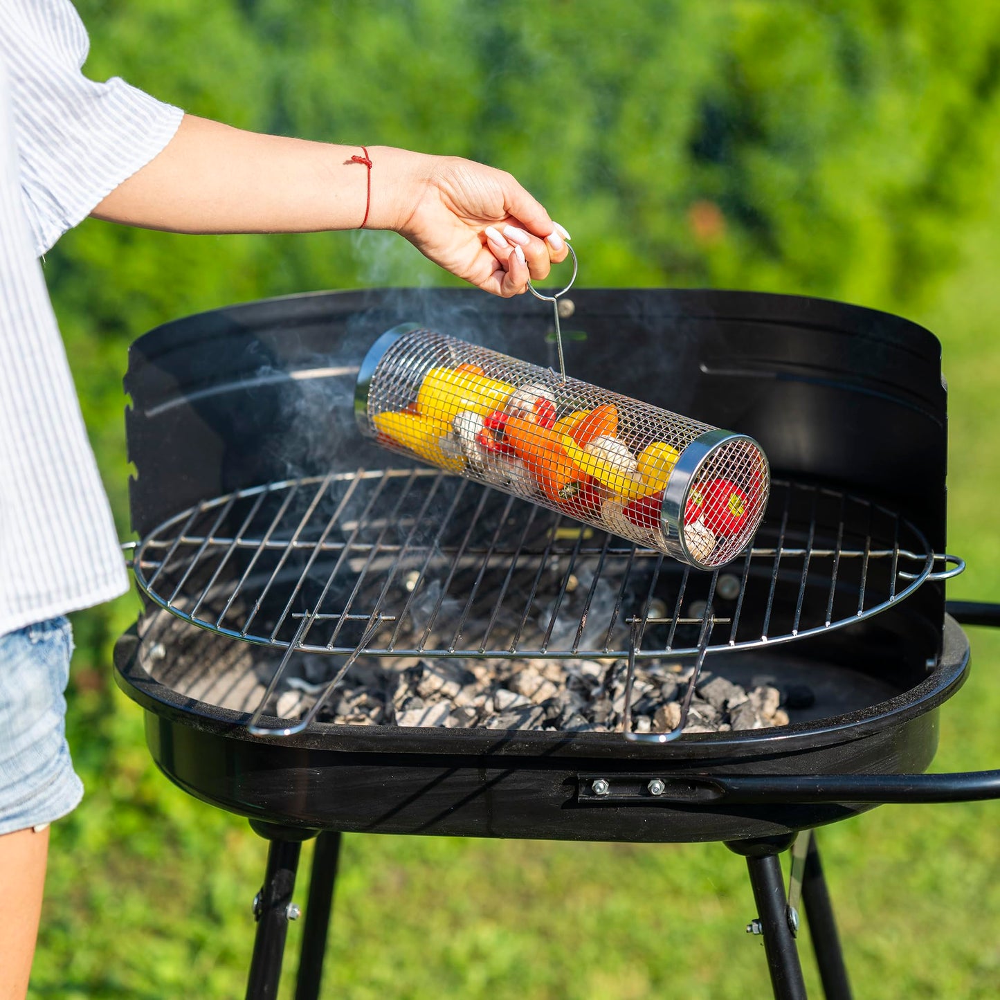 Modaura 2PCS Rolling Grill Baskets for Outdoor Grill, Big Green Egg Accessories-Set Includes Fork, Hook, and Oil Brush-304g Stainless Steel-Perfect Gifts for Dad, Camping Must Haves, Unique Gifts
