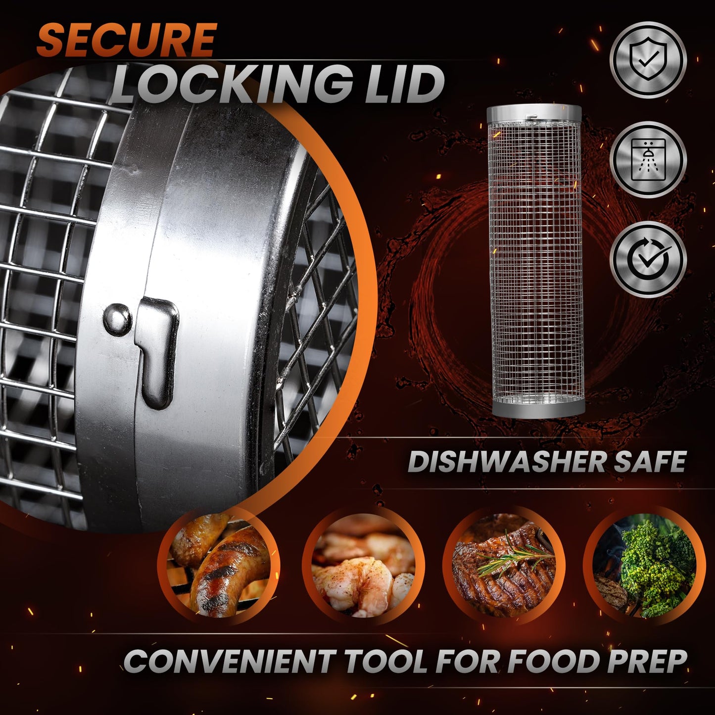 Modaura 2PCS Rolling Grill Baskets for Outdoor Grill, Big Green Egg Accessories-Set Includes Fork, Hook, and Oil Brush-304g Stainless Steel-Perfect Gifts for Dad, Camping Must Haves, Unique Gifts