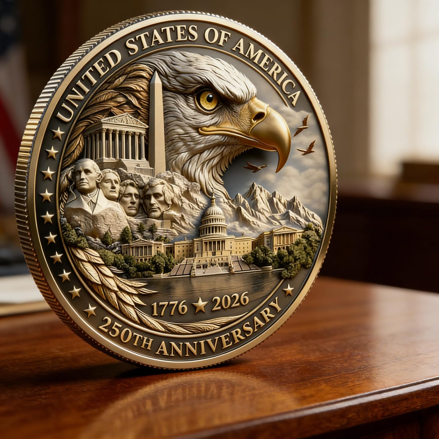 USA 250th Anniversary Coin 1776-2026 3D America 250 Merchandise for Patriotic Celebration 4th of July Independence Day Gifts for Veterans & History Lover
