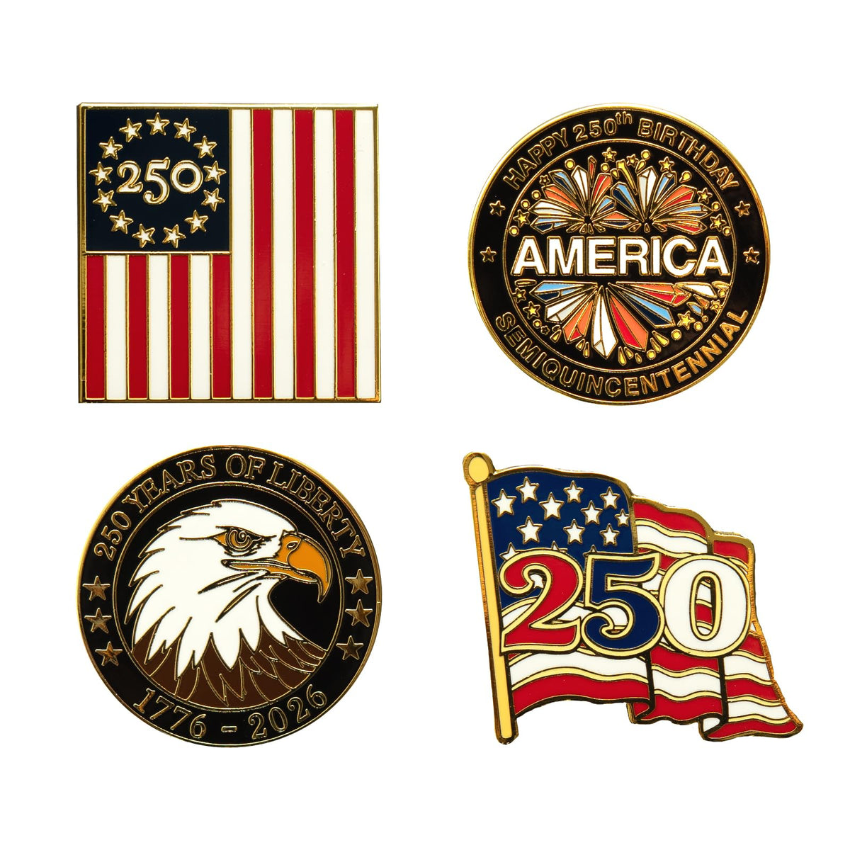 4 Pcs 250th Anniversary USA Enamel Lapel Pins, USA 250 Anniversary Merchandise & Collectible Badges, 1.25 Inch Patriotic 1776-2026 Brooches, July 4th Independence Day Gifts