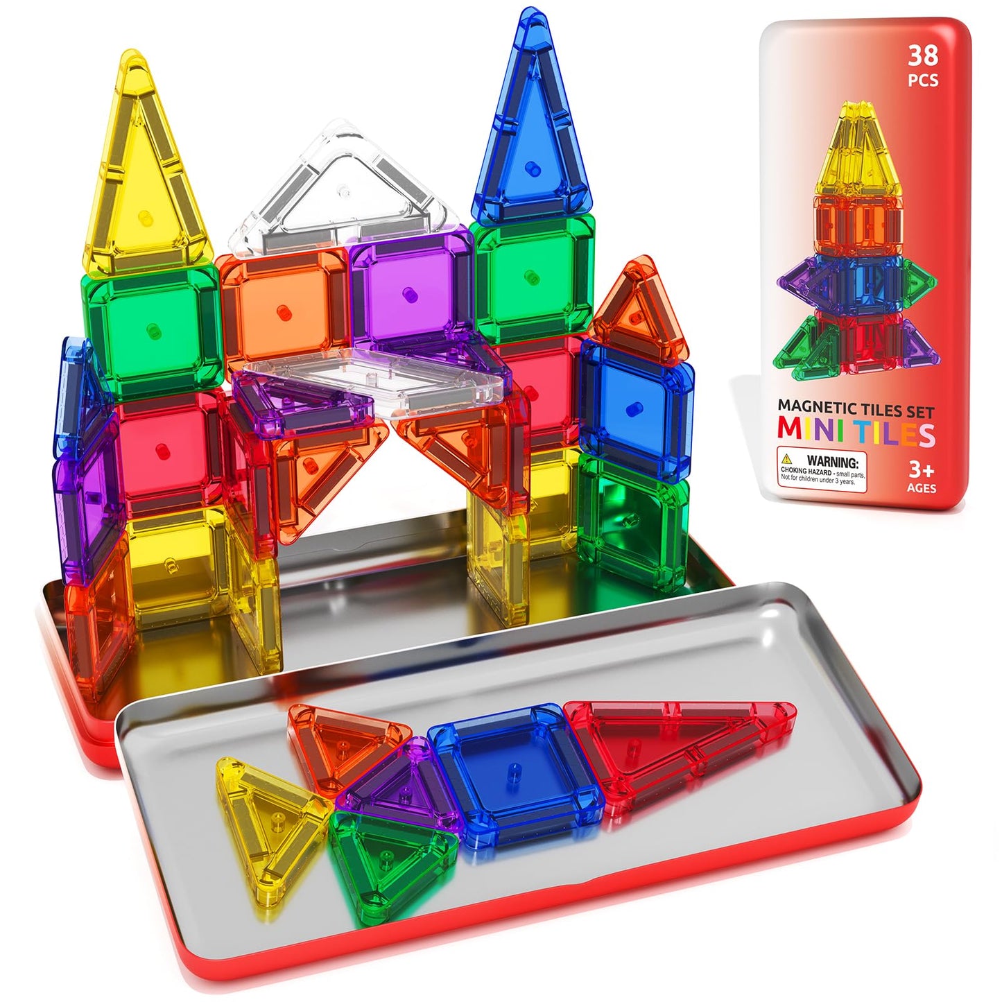 ORZbb Travel Mini Magnetic Tiles with Case Toddler Road Trip Essentials Set, Magnetic Blocks Building Toys for 3+ Year Old Boys Girls Preschool Montessori Sensory Learning Birthday Gifts