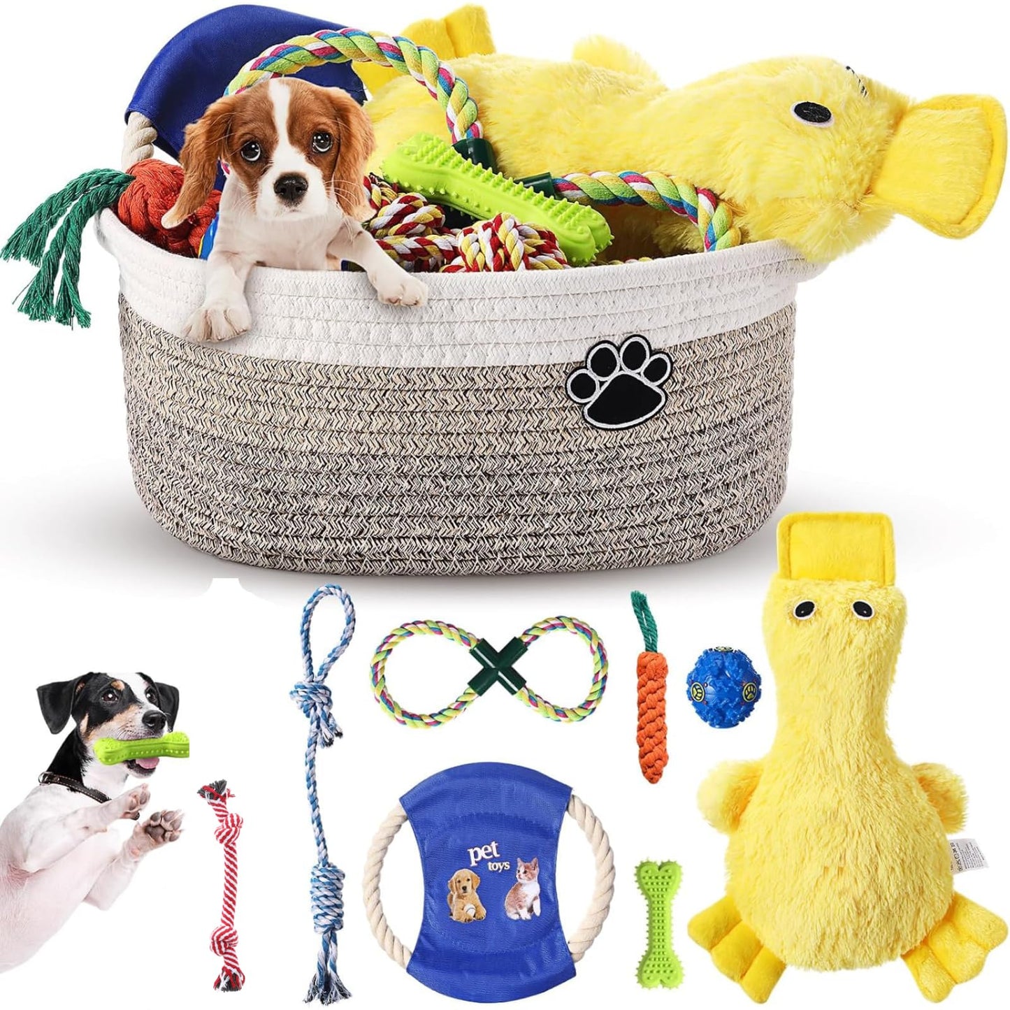 Zopeal Puppy Dog Toy Gift Storage Basket with Dog Toys Set Chew Toys Birthday Gift Basket Teething Interactive Squeaky Duck for Teething Small Medium Large Dogs(Khaki)
