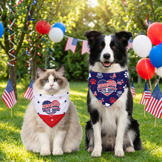 INCOK Star Patriotic Dog Bandanas - 2 Pcs 4th of July Bandanas for Dog, 250th Anniversary Large Pet Scarf with Paw Print for Veterans Memorial Day, Triangle Reversible American Flag Pet Outfit