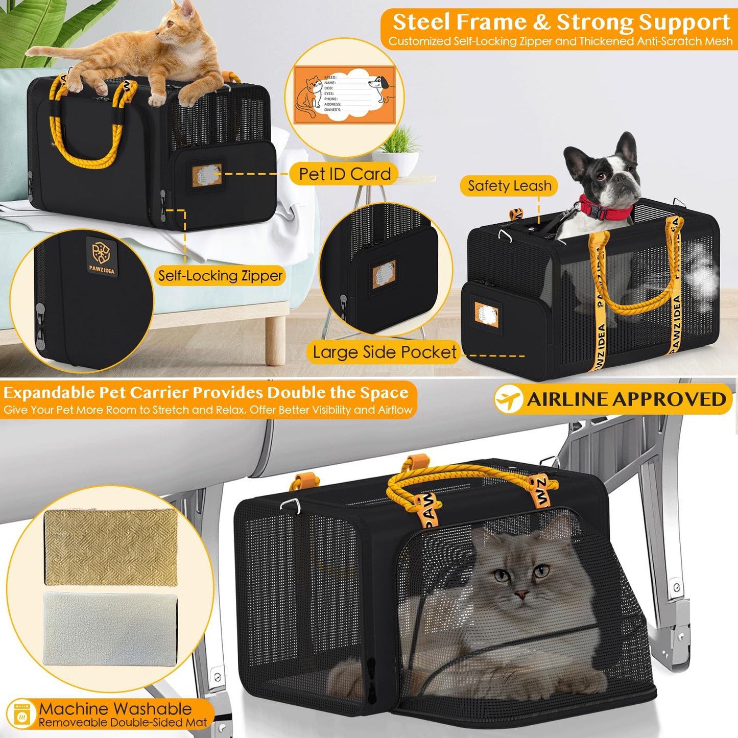 PAWZIDEA Double Pet Stroller with 2 Detachable Carriers, TSA Airline Approved Cat Carrier Expandable, Seatbelt Pet Travel Car Seat, Foldable Dog Cart Jogger Stroller for 2 Cats & Small/Medium Dogs