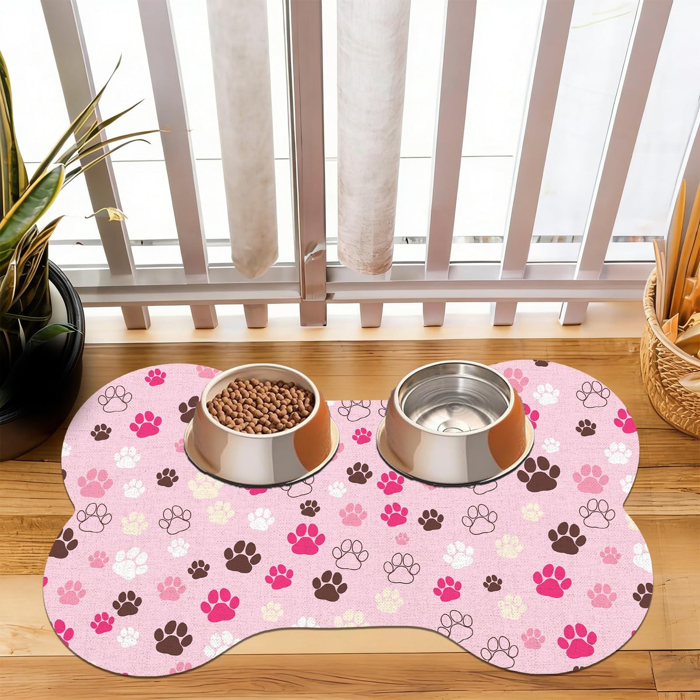 Pet Dog Cat Food Mat, Absorbent Bone Shaped Dog Bowl Mats for Food and Water, Non Slip Cute Dogs Cat Placemats Feeding Mat with Rubber for Floors Indoor Puppy Pet Accessories Supplies 12"x20" Pink