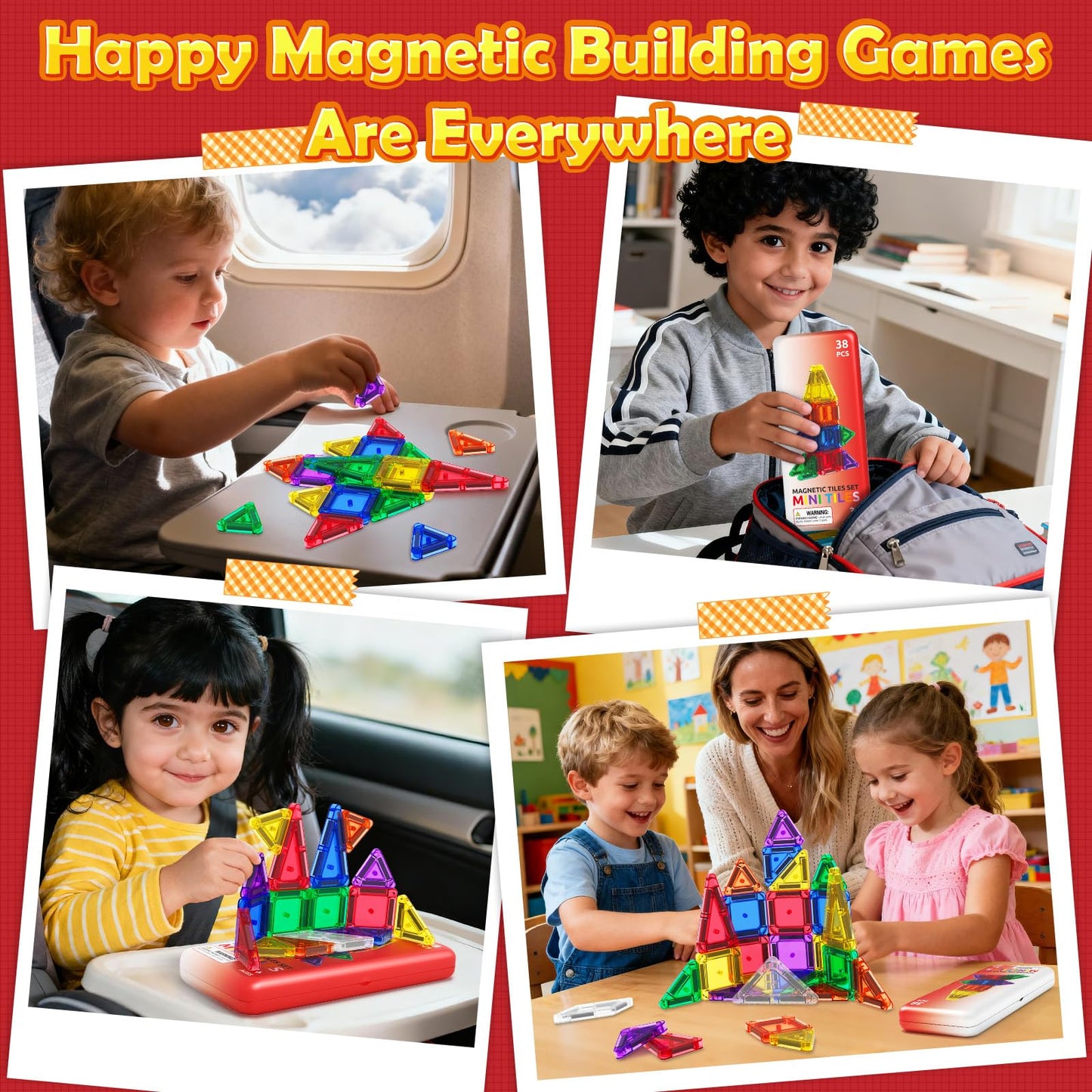 ORZbb Travel Mini Magnetic Tiles with Case Toddler Road Trip Essentials Set, Magnetic Blocks Building Toys for 3+ Year Old Boys Girls Preschool Montessori Sensory Learning Birthday Gifts
