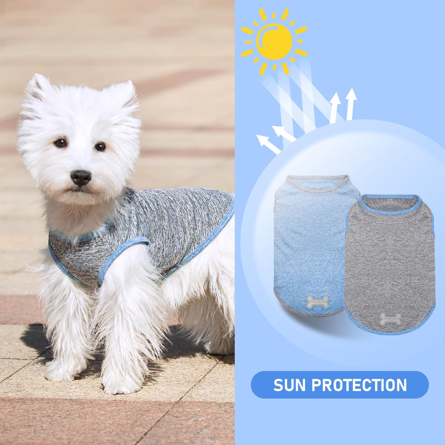 KYEESE 2Pack Dog Shirt, Lightweight Sun Protection Sleeveless Dog T Shirts for Small Dogs Boy, Breathable Pet Reflective Tank Top Summer Dogs Clothes for Outdoor Walking, Grey+Light Blue, M