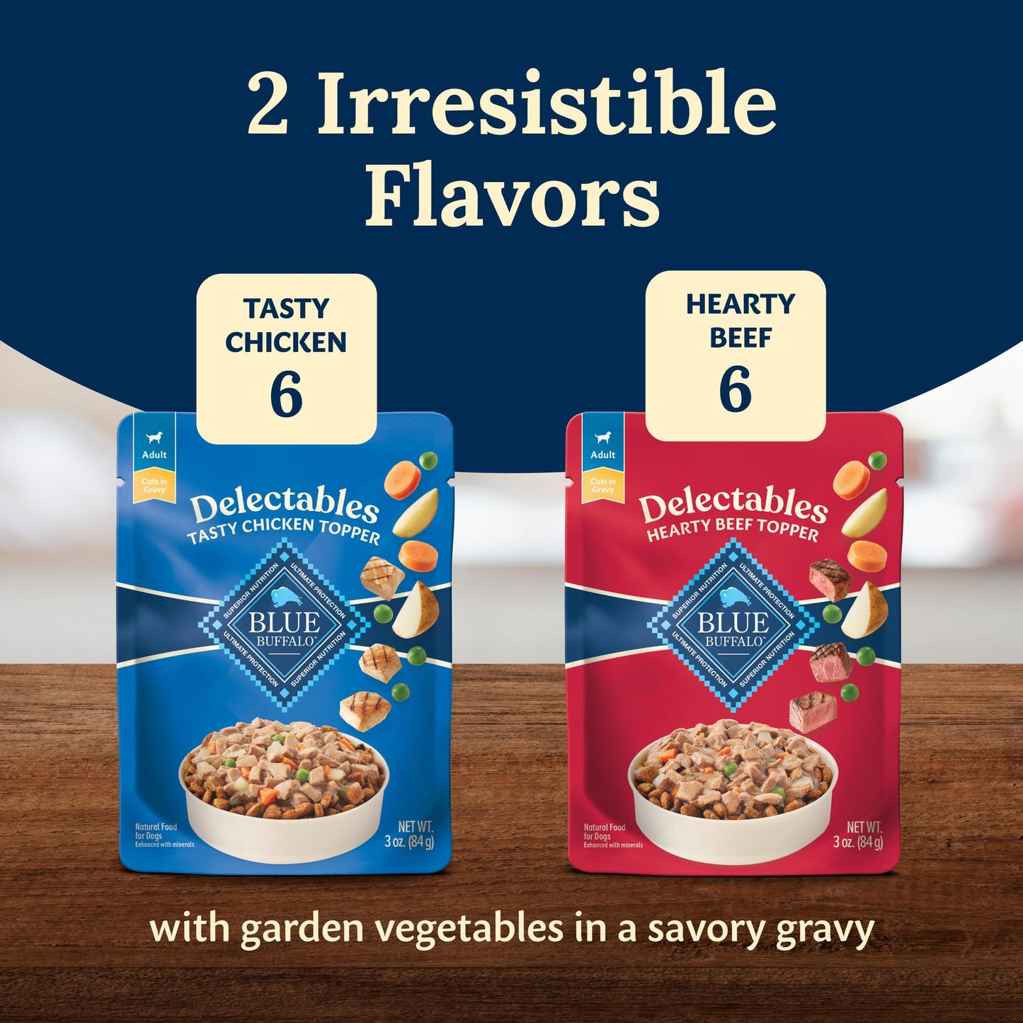 Blue Buffalo Delectables Natural Wet Dog Food Toppers Variety Pack, Tasty Chicken & Hearty Beef, Cuts in Gravy, 3-oz. (12 Pouches, 6 of Each Flavor)