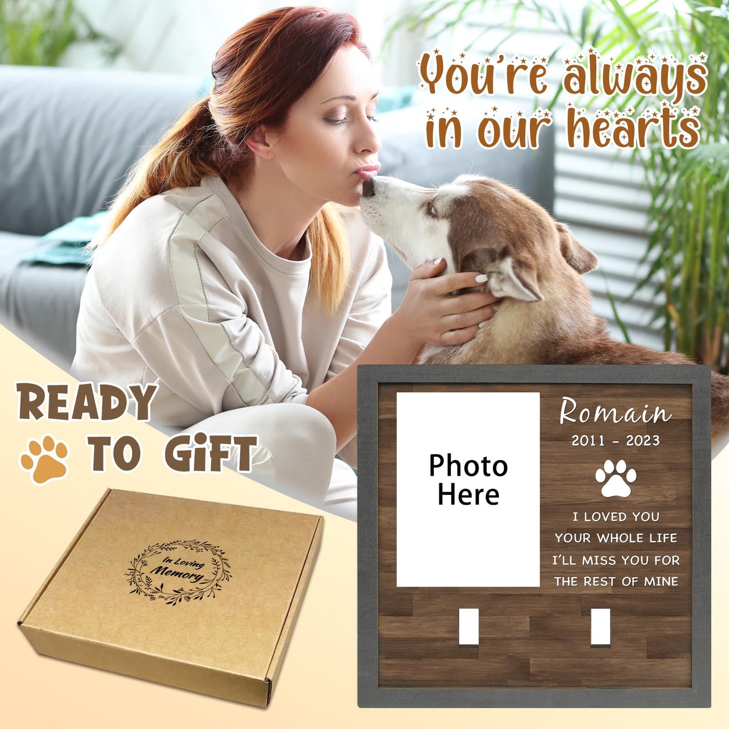 PUREFLY Personalized Pet Picture Frame Memorial Gifts for Loss of Dog- Fits 3 Collar Lengths, in Memory of Dog Passing Away Sympathy Gifts, Cat Memorial