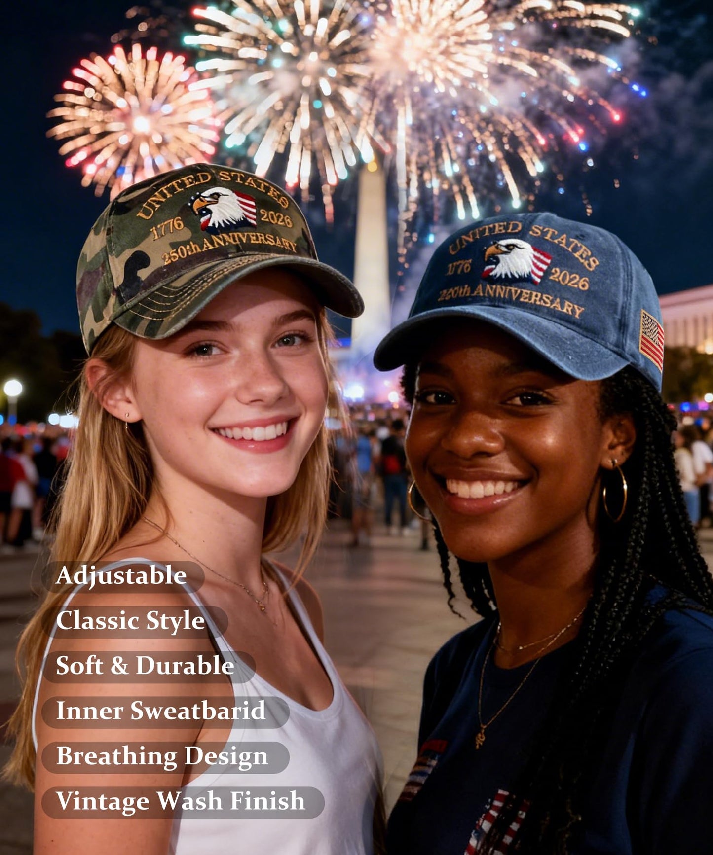 2 Pack USA 250th Anniversary Patriotic Embroidered Baseball Cap 1776-2026, American Eagles Hat-Adjustable Cap for Men&Women (US, Alpha, One Size, Navy Blue+Camouflage)