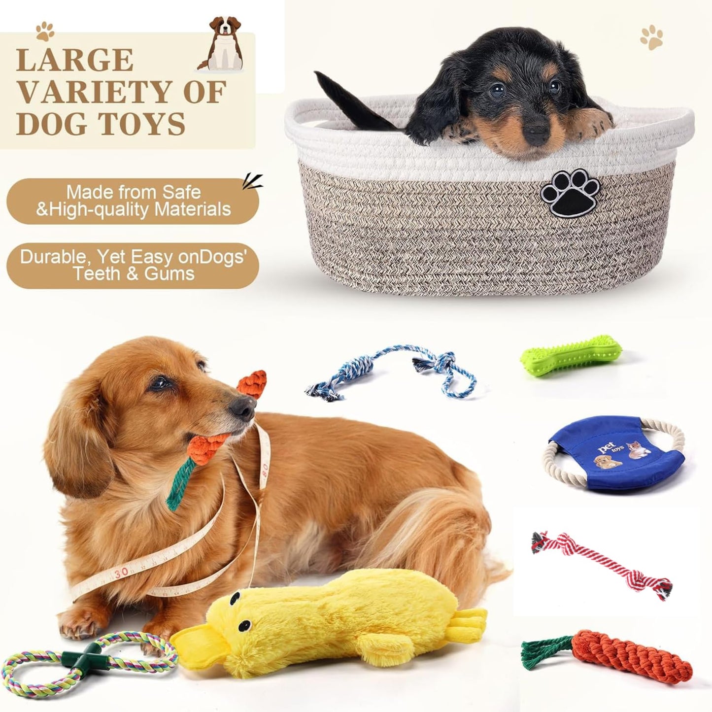 Zopeal Puppy Dog Toy Gift Storage Basket with Dog Toys Set Chew Toys Birthday Gift Basket Teething Interactive Squeaky Duck for Teething Small Medium Large Dogs(Khaki)