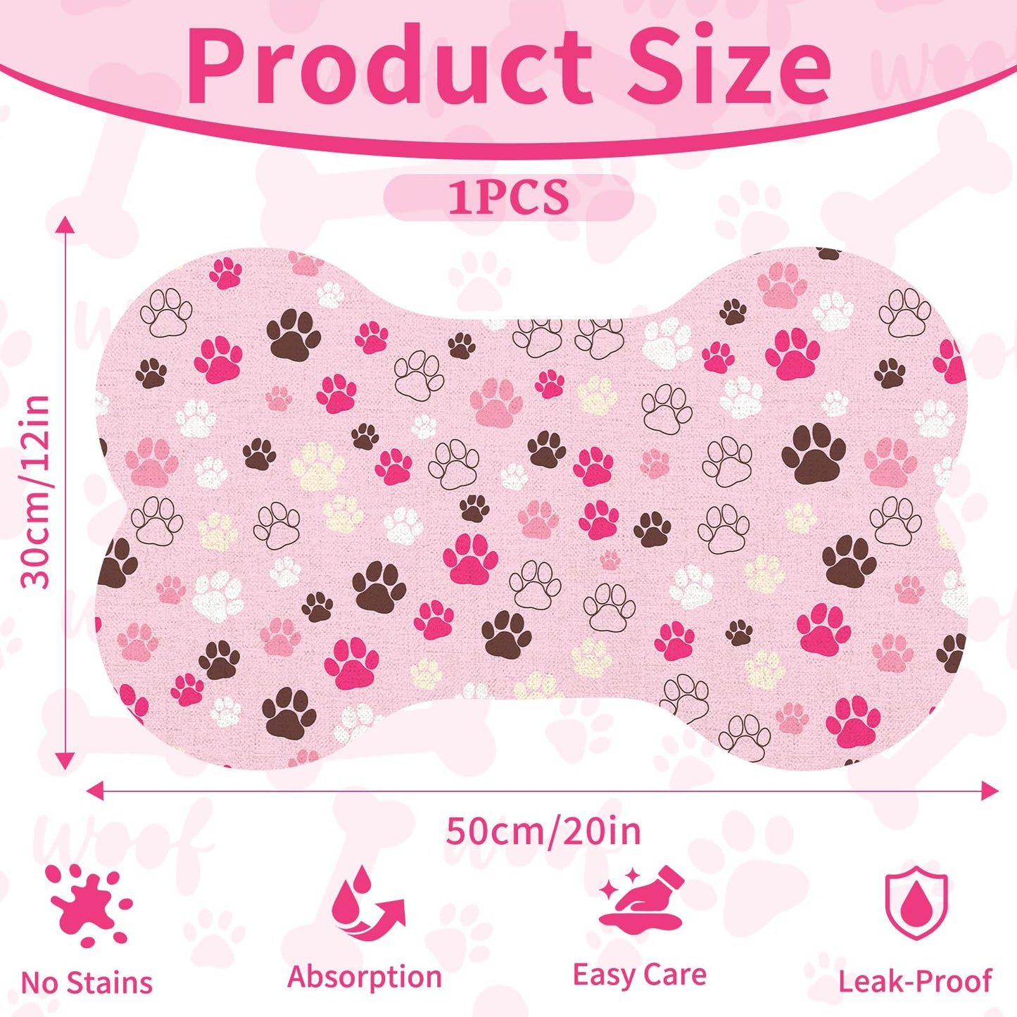 Pet Dog Cat Food Mat, Absorbent Bone Shaped Dog Bowl Mats for Food and Water, Non Slip Cute Dogs Cat Placemats Feeding Mat with Rubber for Floors Indoor Puppy Pet Accessories Supplies 12"x20" Pink