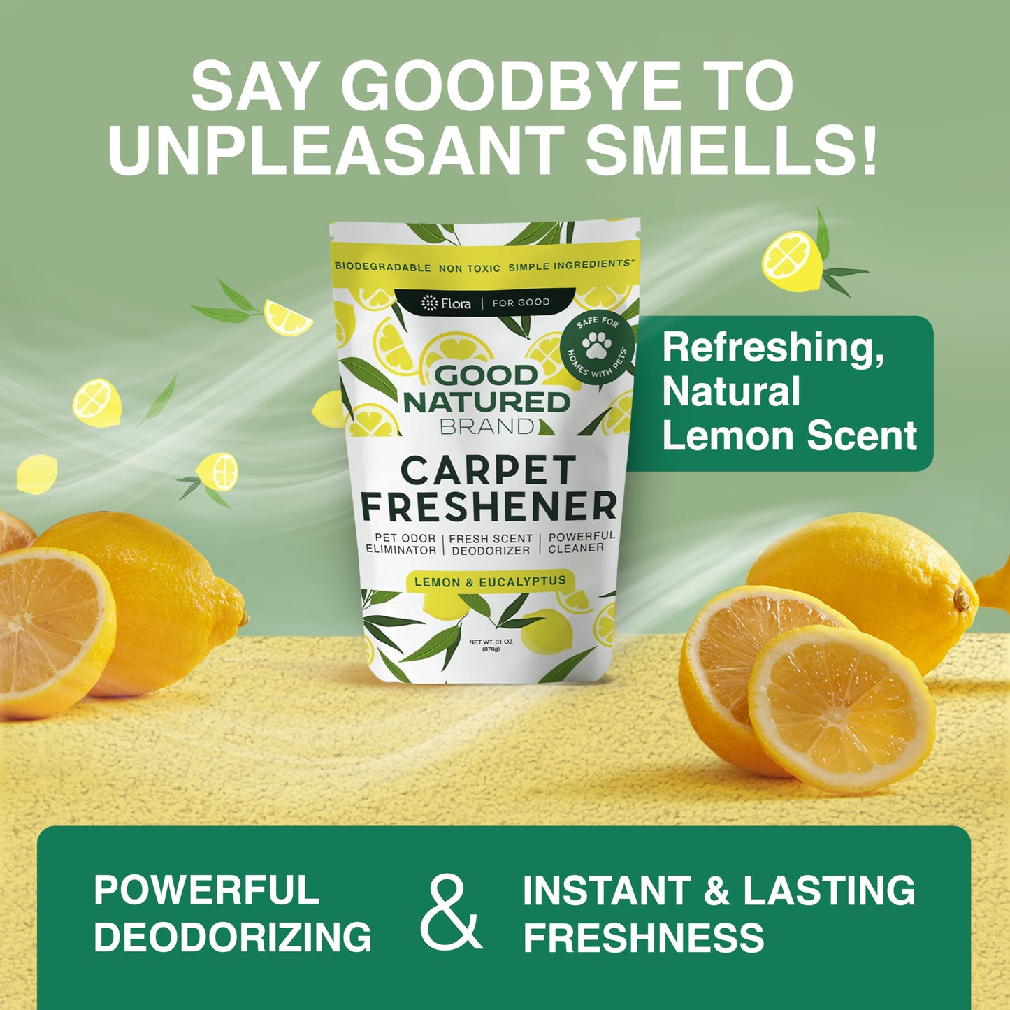 Good Natured Brand | Carpet Freshener & Deodorizer Powder | 31 oz Pet Odor Eliminator for Strong Odor & Pet Urine | Fresh Natural Lemon & Eucalyptus Scent | Safe for Homes with Pets