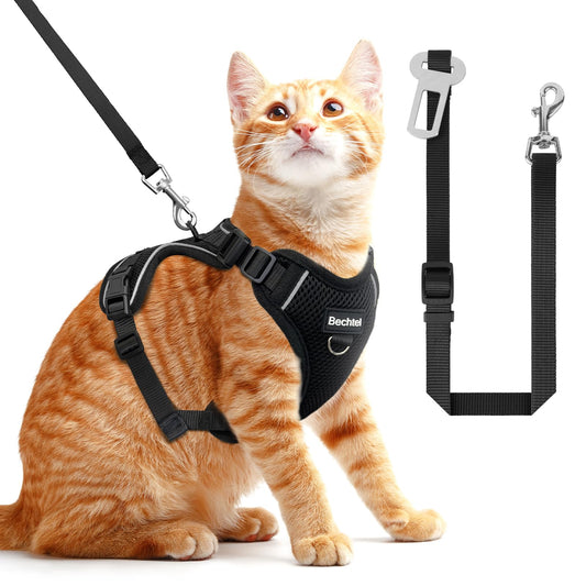 BECHTEL Cat Harness, Cat Harness and Leash for Walking, Adjusted in Four Directions and Breathable Cat Harness for Anti Escape That can be Fitted and Positioned, Reflective Strips Harness, Black, S