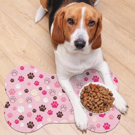 Pet Dog Cat Food Mat, Absorbent Bone Shaped Dog Bowl Mats for Food and Water, Non Slip Cute Dogs Cat Placemats Feeding Mat with Rubber for Floors Indoor Puppy Pet Accessories Supplies 12"x20" Pink