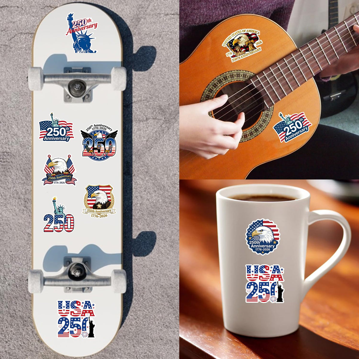 (50pcs) 250th Anniversary Birthday Sticker USA Stickers Merchandise 1776-2026 Statue of Liberty Eagle Independence Day Waterproof Vinyl Sticker for Water Bottle Car Laptop