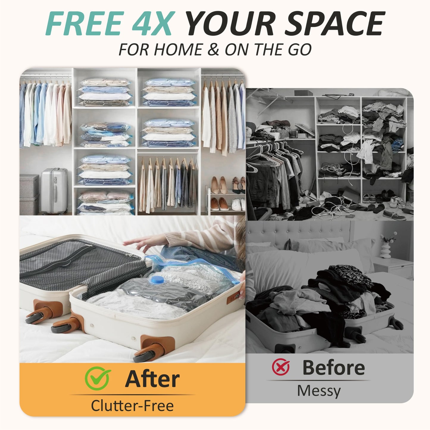 Cozy Essential Travel Vacuum Storage Bags with Rechargeable Cordless USB Pump, Space Saver Bags for Luggage, Suitcase, Carry-On, for Clothes, Blankets, Bedding & Seasonal Storage,8 Combo