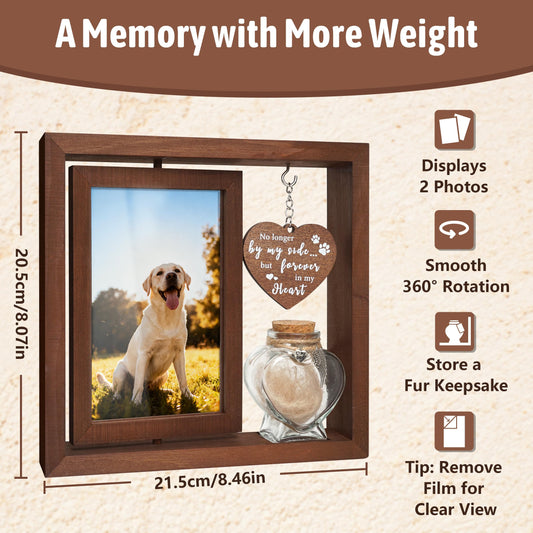 Dog Memorial Gifts for Loss of Pet - Rotating Wooden Frame for 4x6 Photo & Fur Hair Jar - Sympathy Gift for Pet Bereavement, Remembrance Keepsake - Rainbow Bridge Gift for Dog Lovers & Cat Lovers