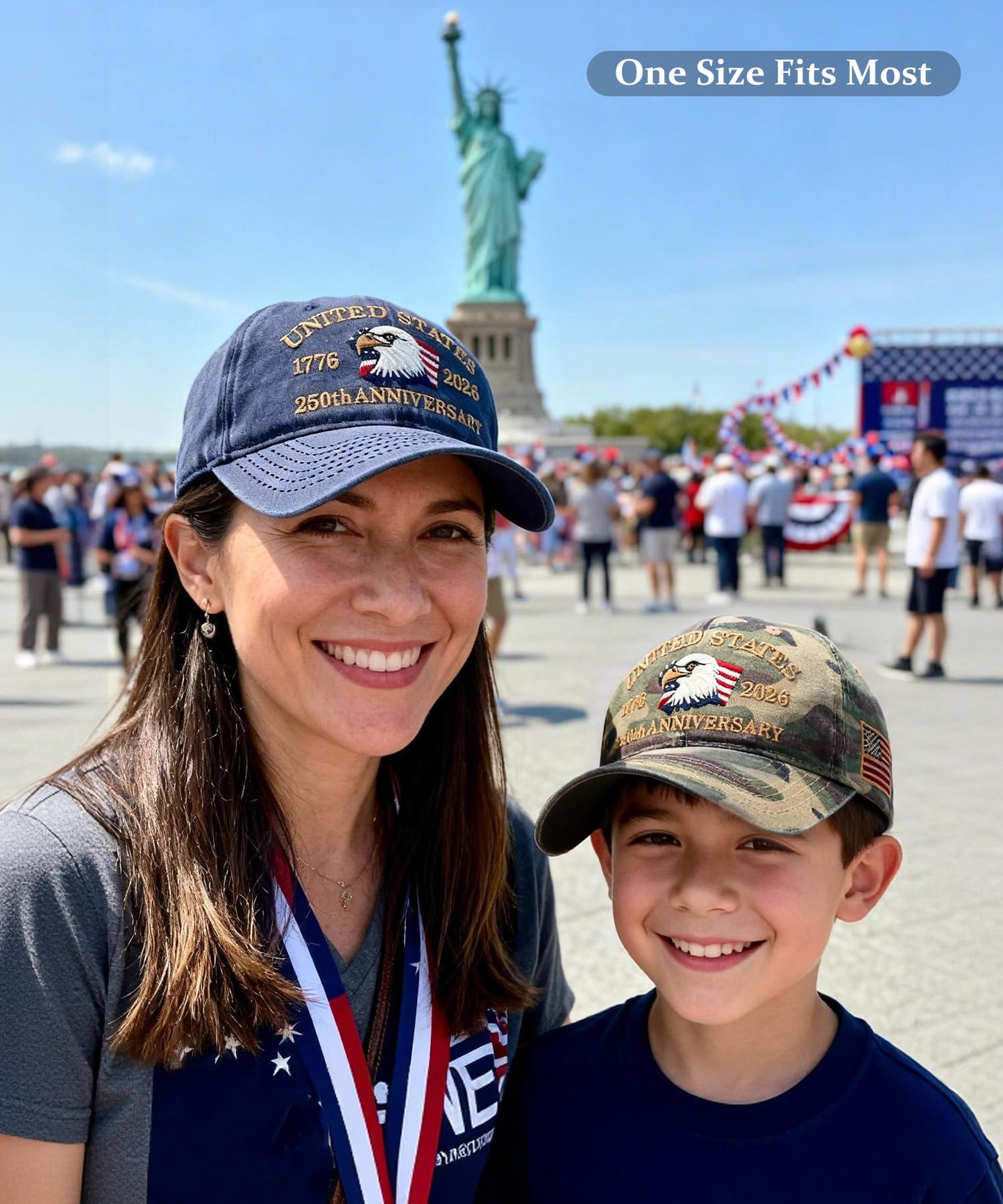 2 Pack USA 250th Anniversary Patriotic Embroidered Baseball Cap 1776-2026, American Eagles Hat-Adjustable Cap for Men&Women (US, Alpha, One Size, Navy Blue+Camouflage)