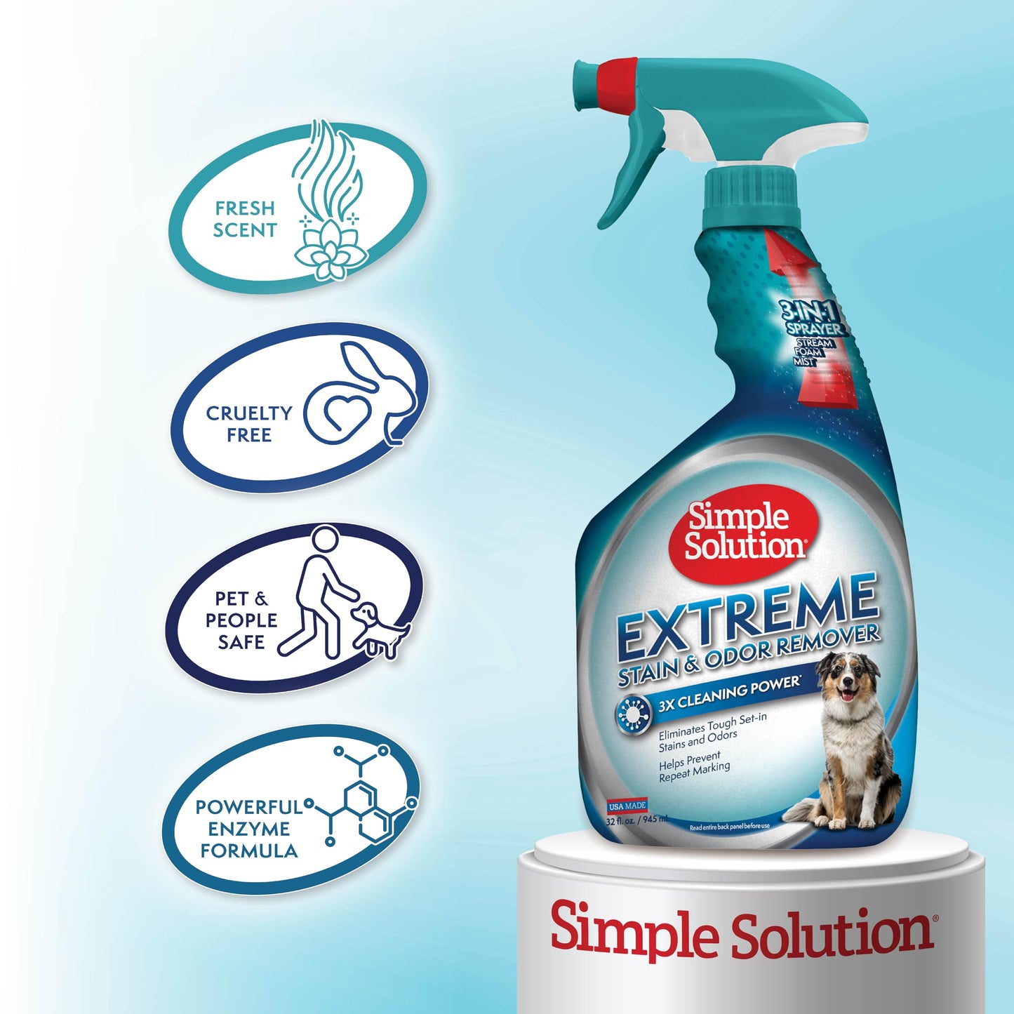 Simple Solution Extreme Pet Stain and Odor Eliminator Spray, Enzymatic Cleaner With 3X Pro-Bacteria Cleaning Power for Dogs & Cats, Strong Urine, Pee and Poop Smell Remover for Carpets & Floors, 32 oz