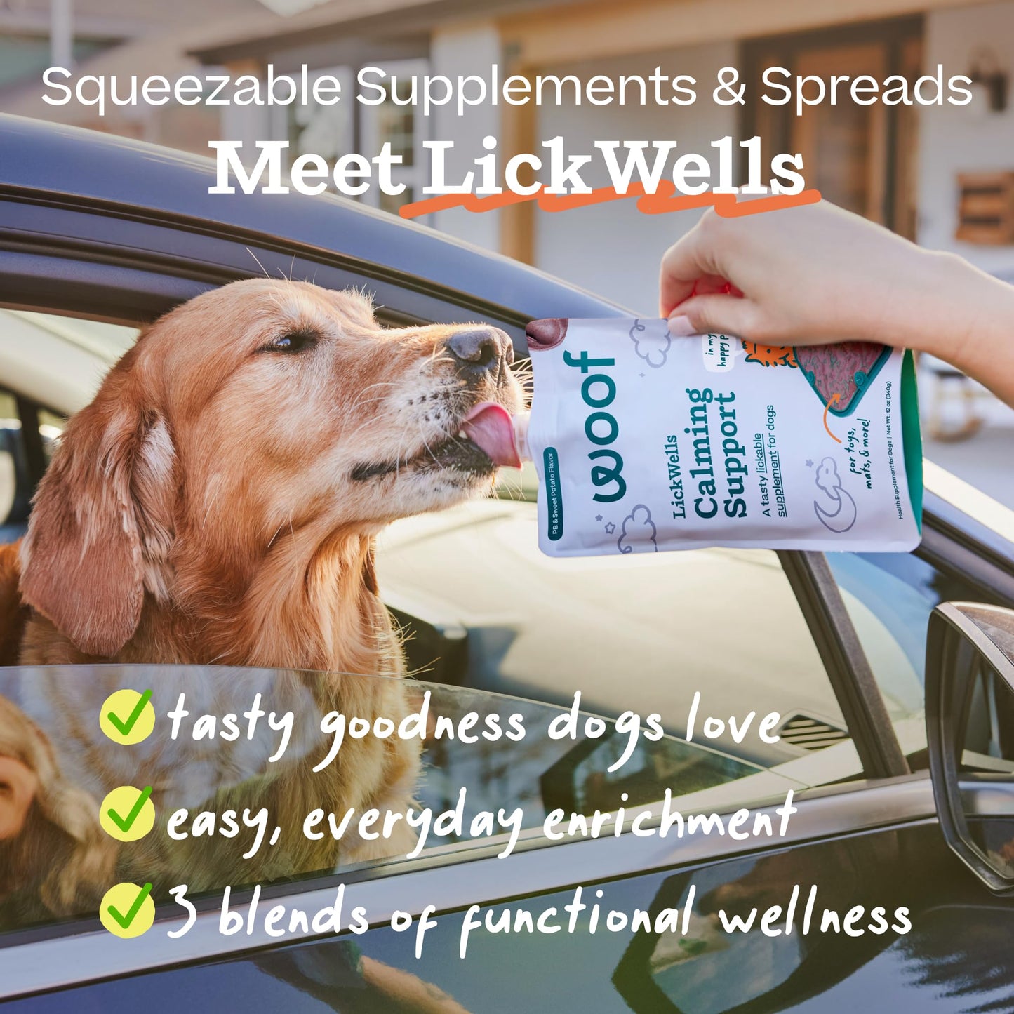 WOOF LickWells Calming Support - Dog Lick Mat Spread and Calming Supplement for Dogs - Promotes Relaxation for Normal Stress -Pairs with FlipMat and LickMat - 12 oz - PB & Sweet Potato Flavor