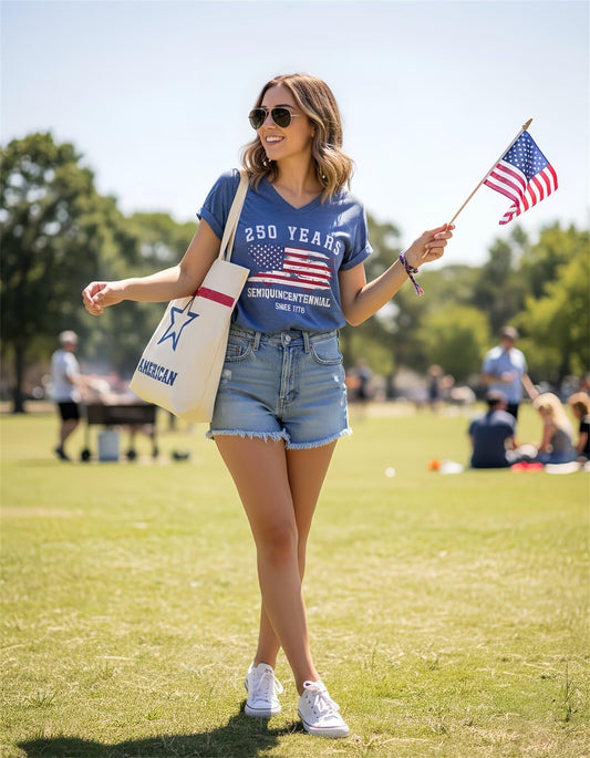 Semisun 250th Anniversary USA Shirt for Women 1776-2026 Patriotic American Flag V Neck T-Shirt July 4th Graphic Tee