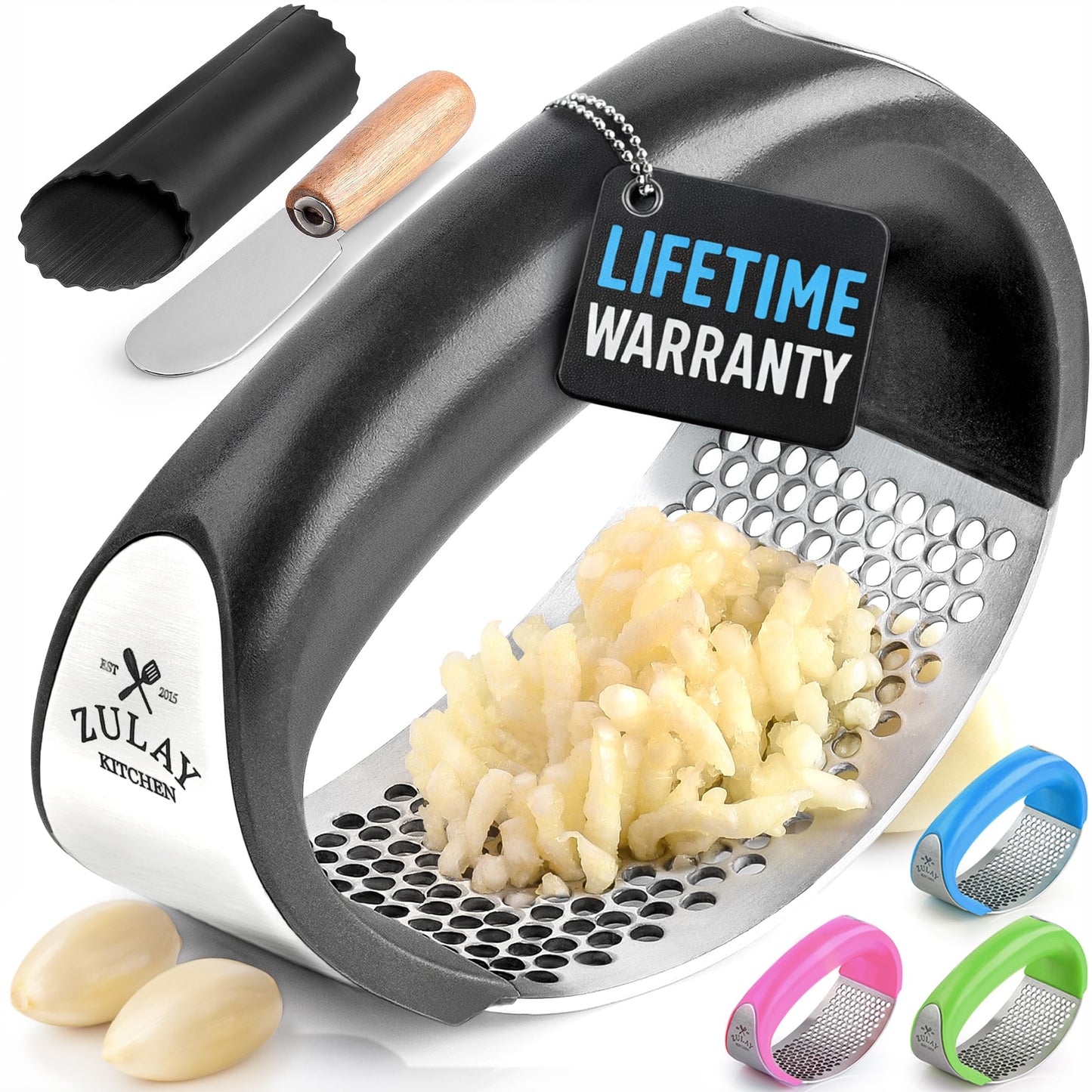 Zulay Kitchen Stainless Steel Garlic Press Rocker Set - Premium Garlic Mincer Garlic Crusher - New Innovative Garlic Crusher with Peeler and Scraper - Comfortable Grip (Black)