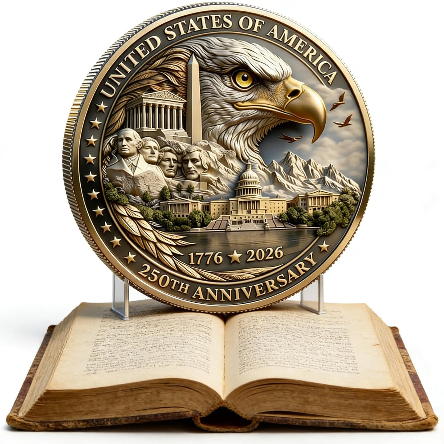 USA 250th Anniversary Coin 1776-2026 3D America 250 Merchandise for Patriotic Celebration 4th of July Independence Day Gifts for Veterans & History Lover