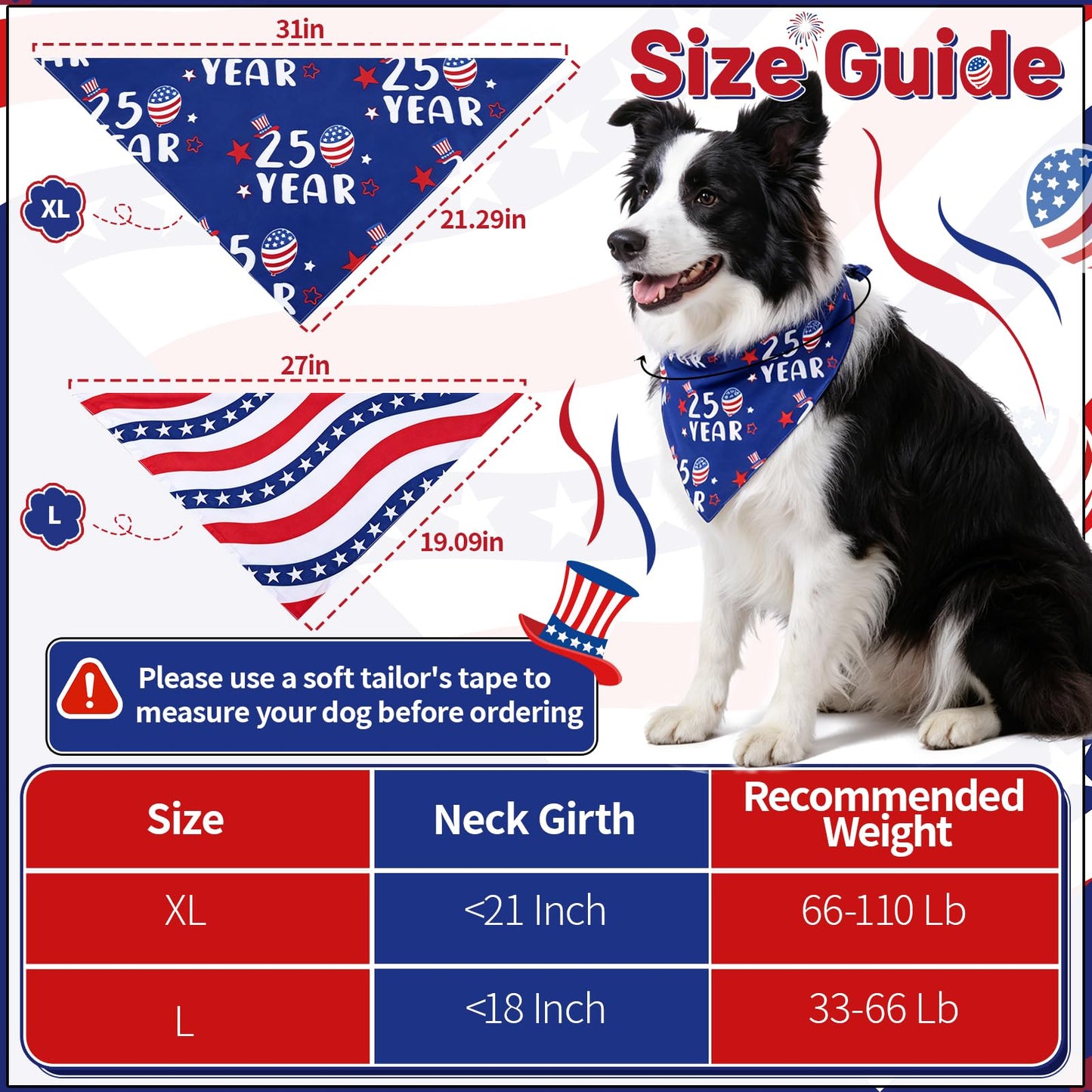 2Pcs 250th Anniversary American Dog Bandanas, Dual-Layer 4th of July Pet Patriotic Reversible Scarf, Independence Memorial Day USA Outfit Bandana for Large and Extra Large Dogs (Large)