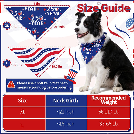 2Pcs 250th Anniversary American Dog Bandanas, Dual-Layer 4th of July Pet Patriotic Reversible Scarf, Independence Memorial Day USA Outfit Bandana for Large and Extra Large Dogs (Large)