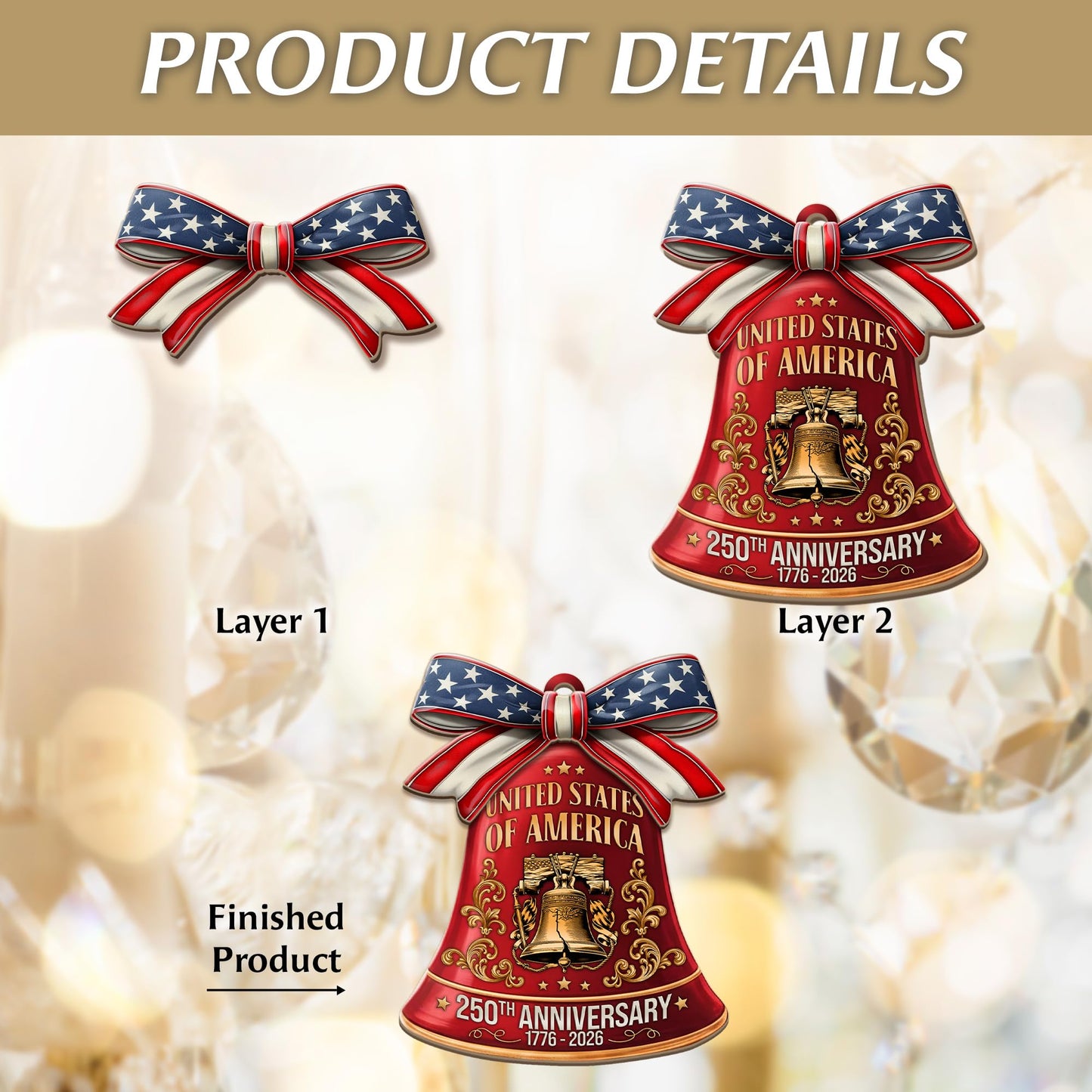 250th Anniversary United States of America Ornament (1776–2026) – Patriotic Wooden Christmas Decoration, Independence Day Keepsake, USA Liberty Bell Hanging Ornament