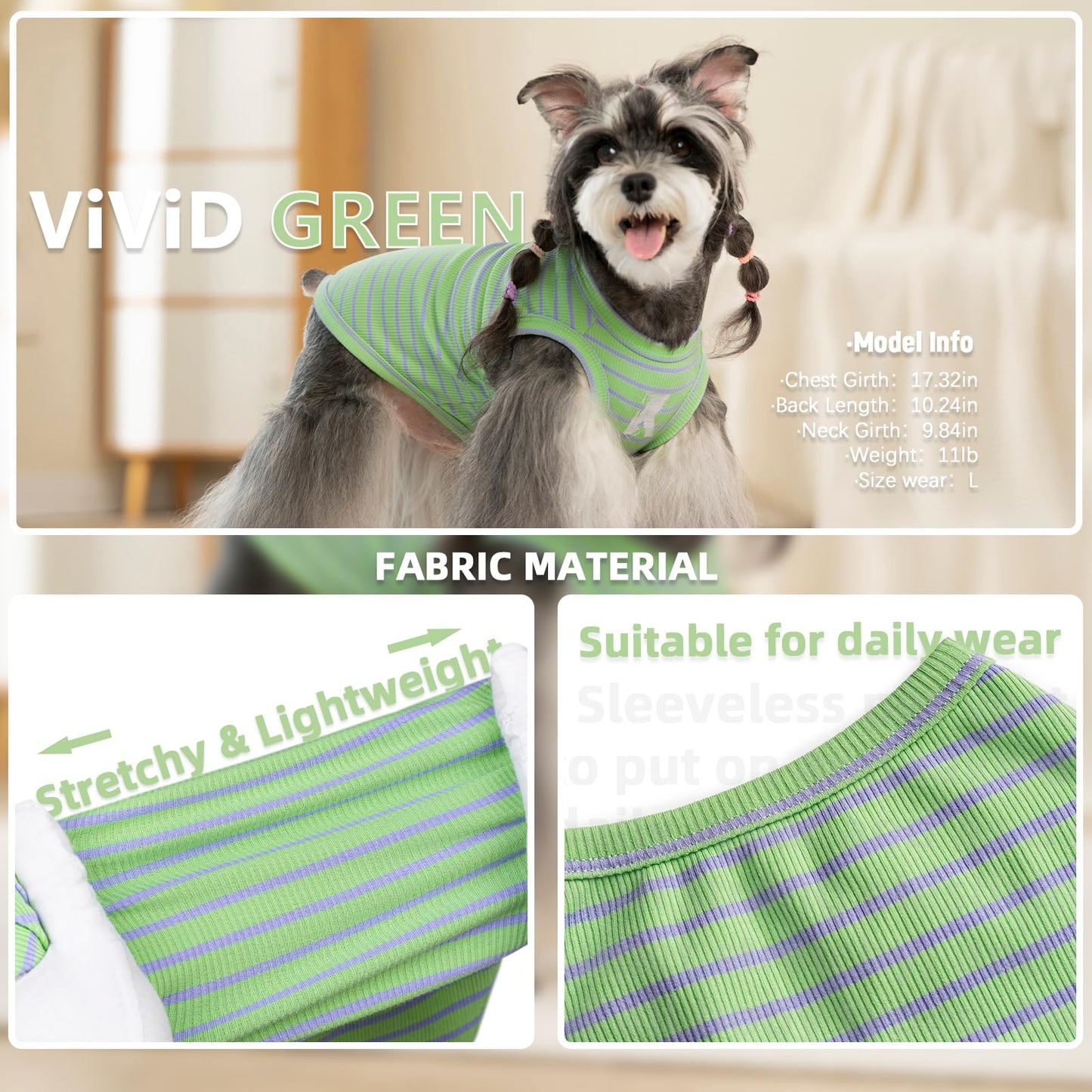 Koneseve Dog Shirts 2 Pack Breathable Sleeveless Vest, Stretchy & Soft, Purple & Vivid Green, Size L