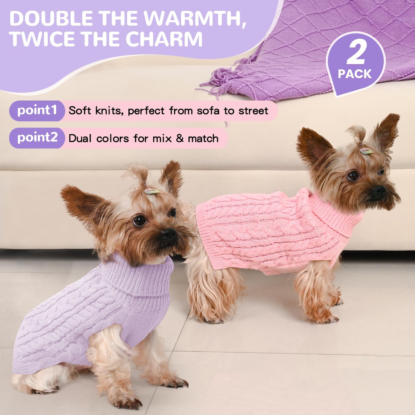 Lorehelina 2 Pack Dog Sweaters for Small Dogs Winter Turtleneck Pullover Cable Knit Fleece Stretch Puppy Doggie Chihuahua Toy Poodle Yorkie Pomeranian Boy Girl Pet Clothes (S, Pink & Purple)