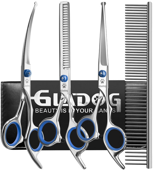 GLADOG Professional 5 in 1 Dog Grooming Scissors Set with Safety Round Tips, Sharp and Heavy-duty Pet Grooming Shears for Cats