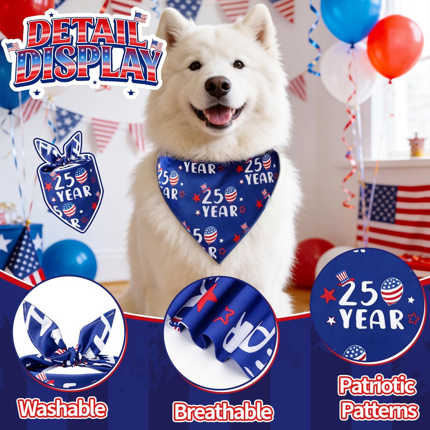2Pcs 250th Anniversary American Dog Bandanas, Dual-Layer 4th of July Pet Patriotic Reversible Scarf, Independence Memorial Day USA Outfit Bandana for Large and Extra Large Dogs (Large)