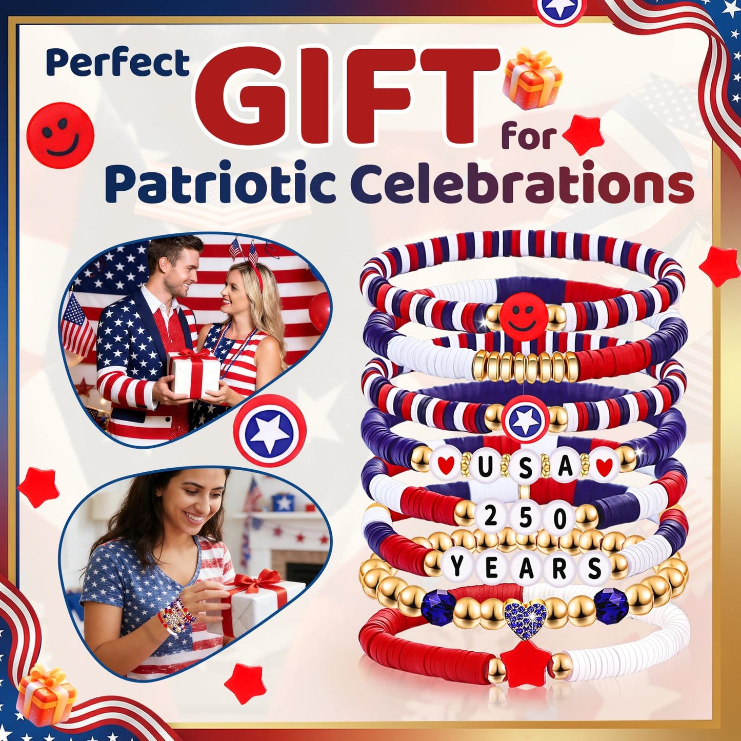 lakayfimily 250 Anniversary USA Merchandise for Women Men Teens Red White Blue Clay Beaded Stretch Bracelets USA Patriotic Jewelry 4th of July Accessories