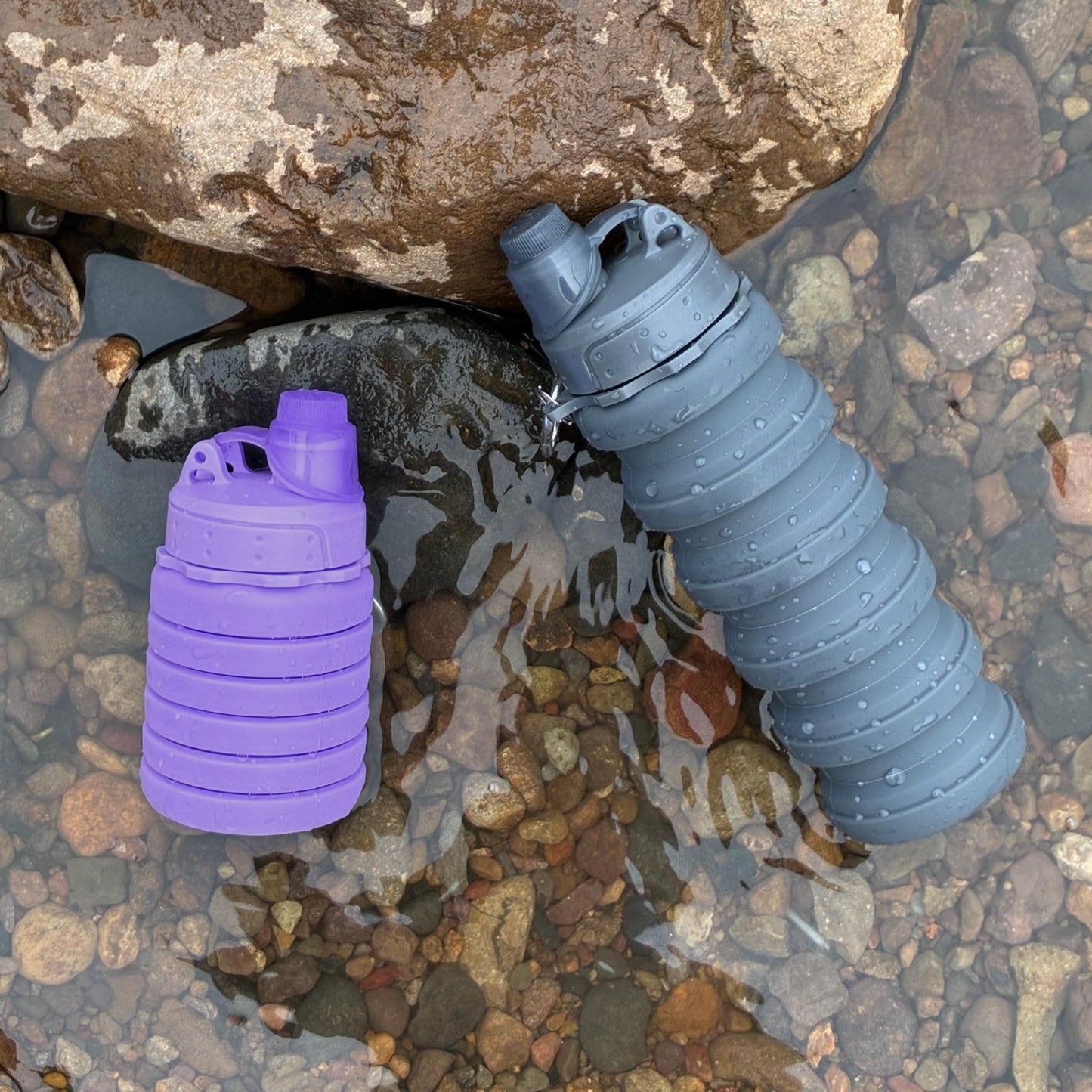 YCTMALL Collapsible Water Bottles Two Pack Travel Sports Portable Sport Water Bottle comes with mountaineering Buckle 500ml silicone Water-proof camping water bottle (Purple and Grey Color)
