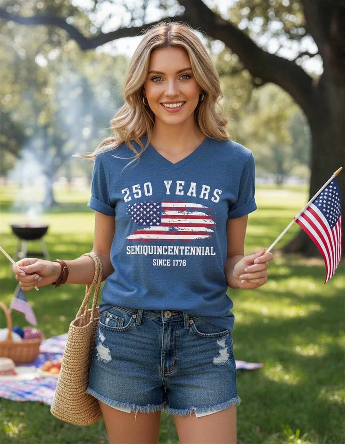 Semisun 250th Anniversary USA Shirt for Women 1776-2026 Patriotic American Flag V Neck T-Shirt July 4th Graphic Tee