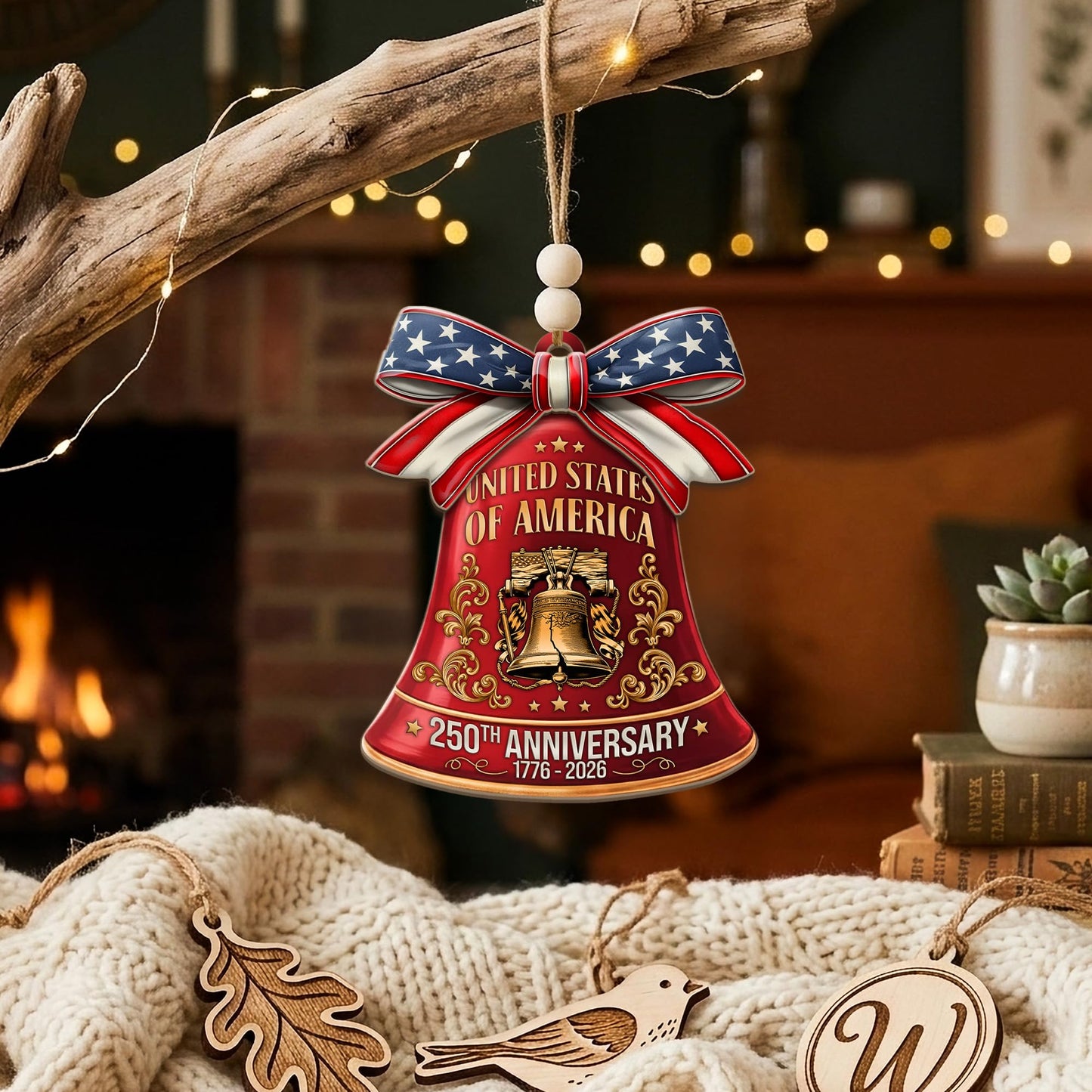 250th Anniversary United States of America Ornament (1776–2026) – Patriotic Wooden Christmas Decoration, Independence Day Keepsake, USA Liberty Bell Hanging Ornament